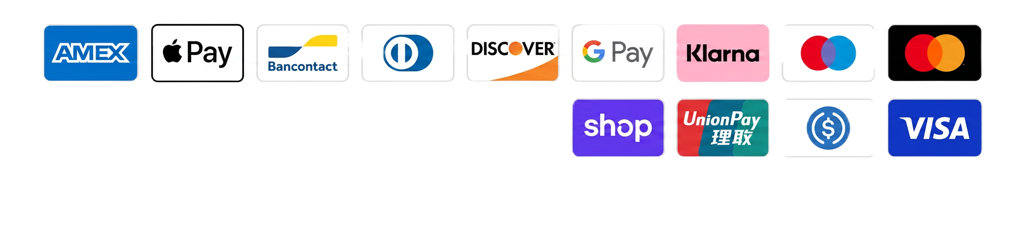 Métodos de pago aceptados: American Express, Apple Pay, Bancontact, Diners Club, Discover, Google Pay, Klarna, Maestro, Mastercard, Shop Pay, UnionPay, Visa